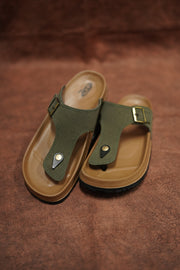 Men’s Leather Buckle Sandals with Tan Sole Stylish & Comfortable - Green with Tan sole